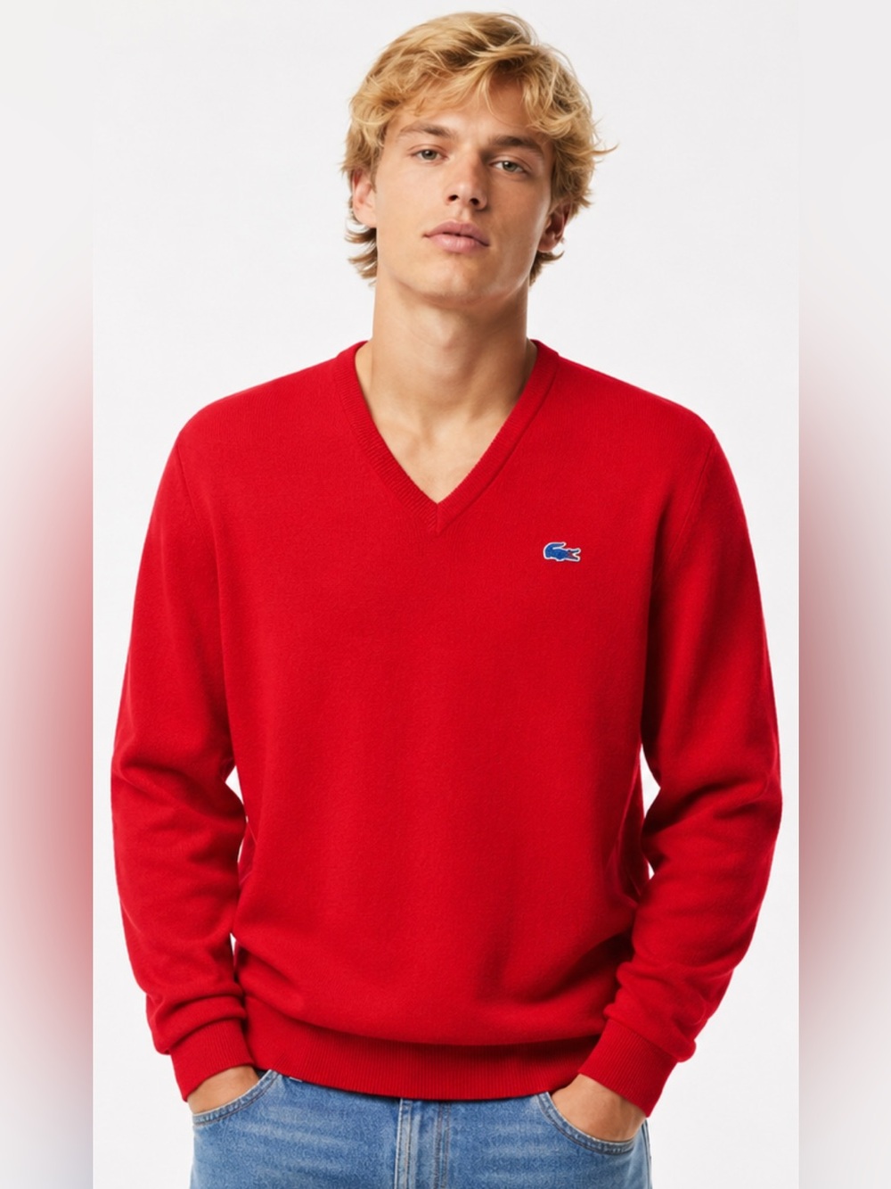 Vintage IZOD Lacoste Red V-Neck Sweater USA Made Croc Logo Large